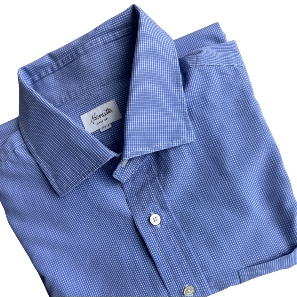 Hamilton Custom Made XL Dress Shirt 17.5 Neck 34/35 Sleeve Tailored Fit Blue EUC